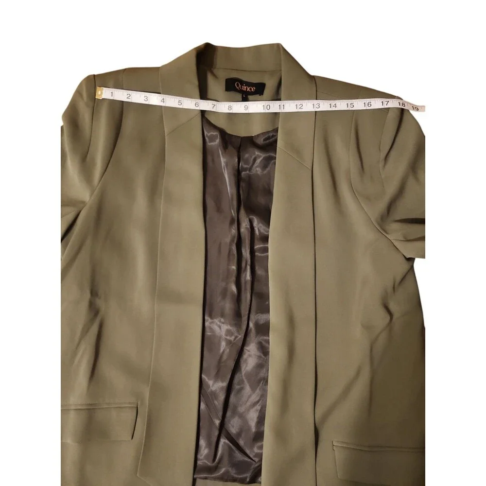 Quince Open Front Blazer Womens L Stretch Crepe Olive Office Career Shark Hem - Picture 10 of 11